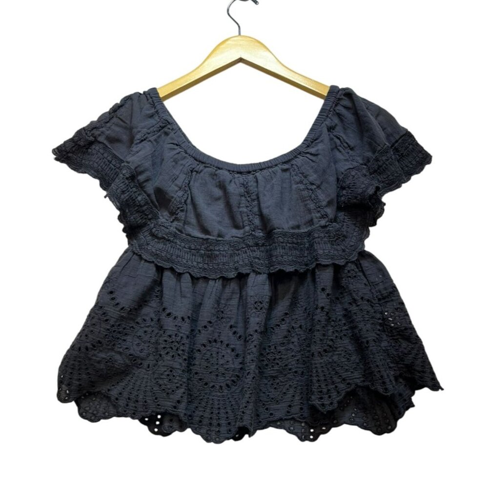 American Eagle Outfitters Women Blouse Small Black Eyelet Lace Off-Shoulder Boho